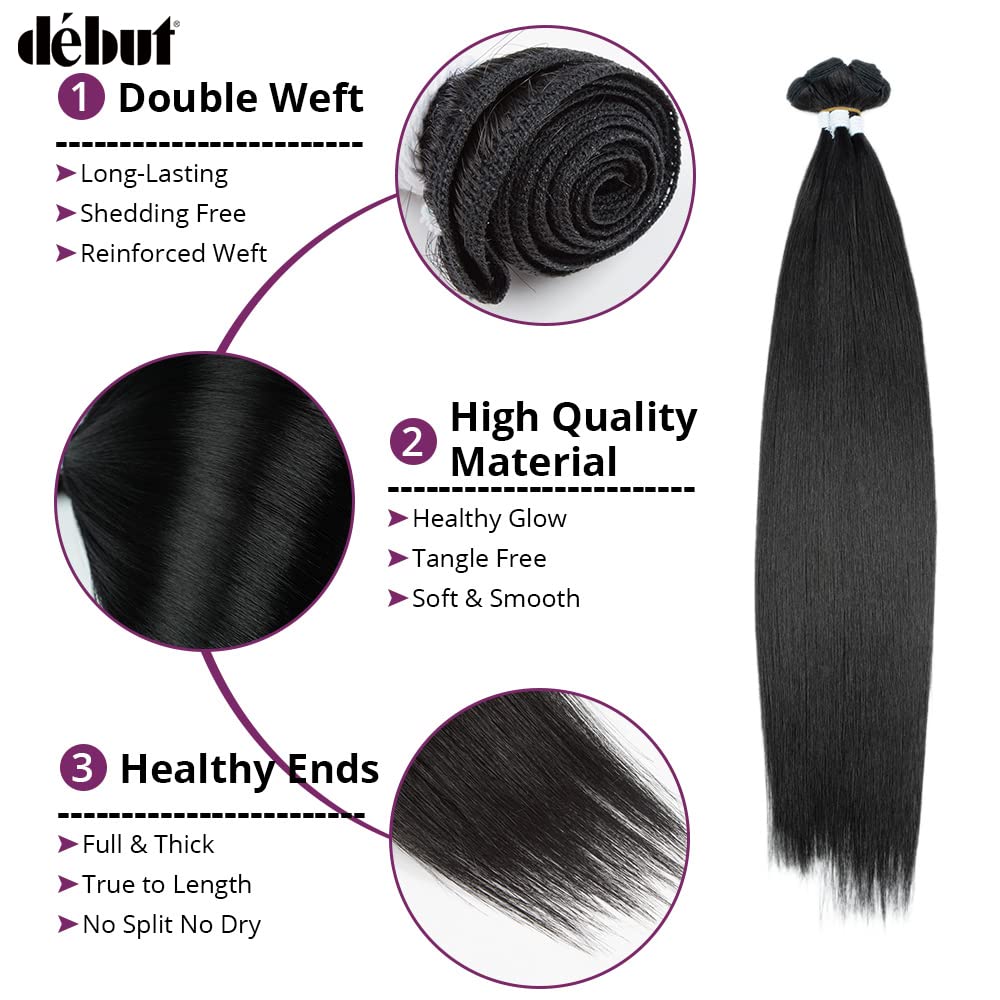 DÉBUT 26 28 30 Inches Silky Straight 6 Bundles with Lace Closure Long Straight Synthetic Hair Bundles Weave Hand-Tied Middle Part Lace Closure for Full Head 1B Color