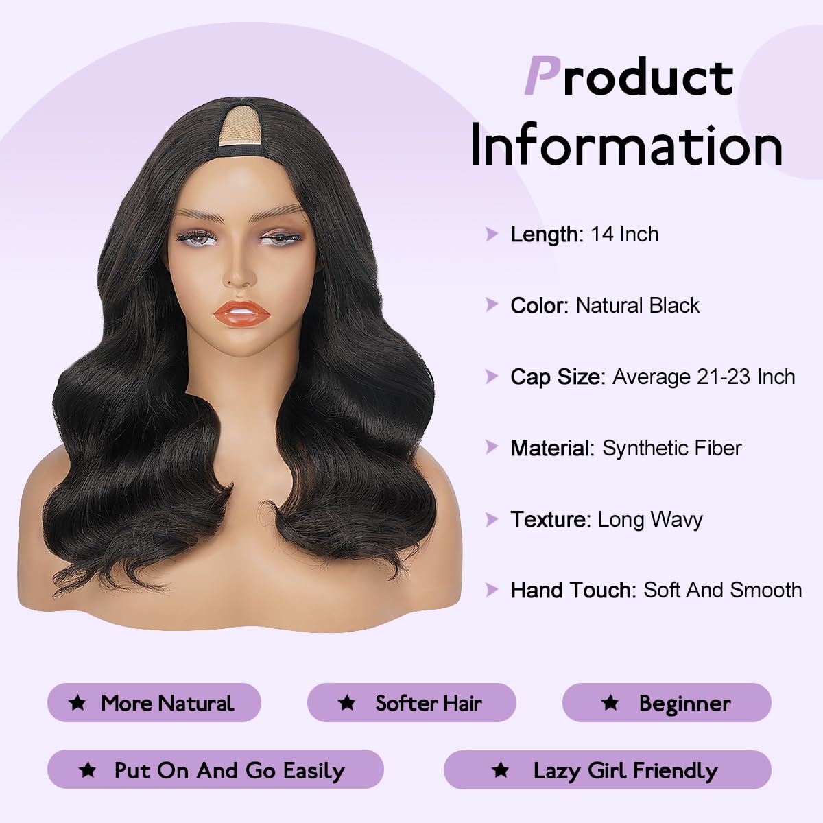 Emistar Long Wave V Part Wig, Natural Looking U Part WigSoft Synthetic Hair as Human Hair, Wear And Go Glueless Half Wigs for Black Women (Black, 14 Inch)