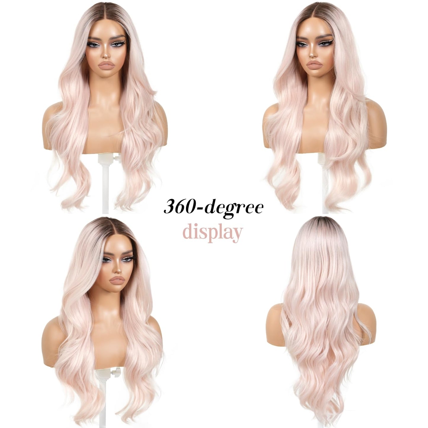 ENCOUNTERU Wear and Go Glueless Pink Wigs For Women Body Wave Wig with Bangs Synthetic Lace Front Pre Plucked Pre Cut HD Lace Glueless Ready to Wear Wig Light Pink Middle Part 26 Inch