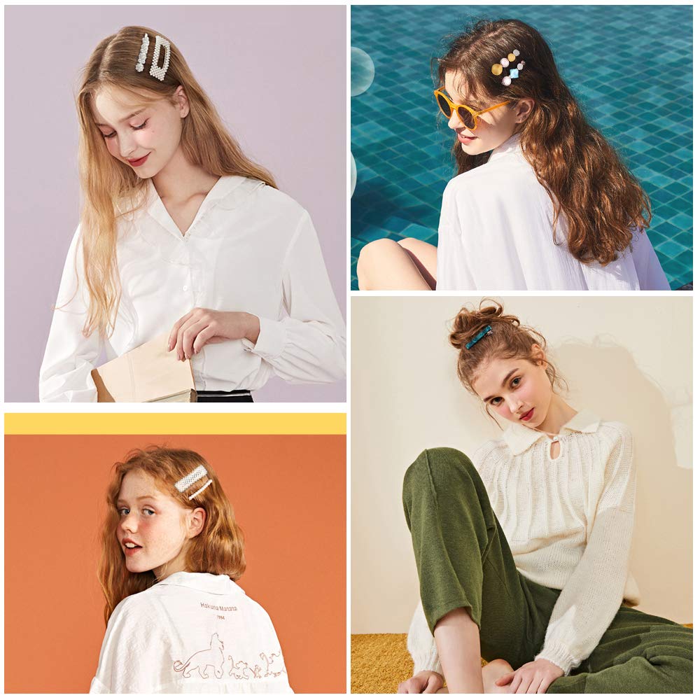 28 PCS Hingwah Pearls and Acrylic Resin Hair Clips, Handmade Hair Barrettes, Marble Alligator bobby pins, Glitter Crystal Geometric Hairpin, Elegant Gold Hair Accessories, Gifts for Women Girls