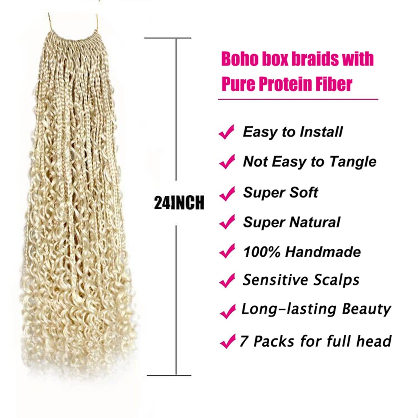 Boho Crochet Braids Pure Protein Fiber Close to Human Hair 24 Inch Goddess Box Braid with Soft Curls Bohemian Braids Crochet Hair for Black Women (24Inch,613)