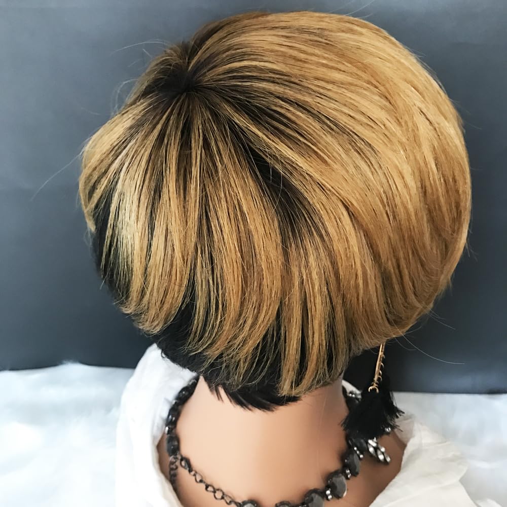 HOTKIS Short Human Hair Wigs for Black Women Short Blonde Bob Pixie Cut Wig Human Hair Short Wigs Human Hair Natural Straight Pixie Wig with Bangs Ombre Blond 1b/27# 8inch
