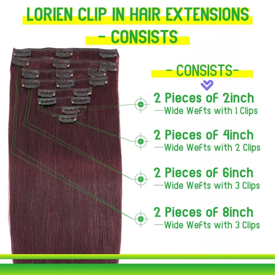 LORIEN Clip in Hair Extensions Real Human Hair, 18 Inch 100g, 99J Burgundy, Clip in 100% Brazilian Remy Human Hair Extensions 8pcs Per Set with 18 Clips Double Weft