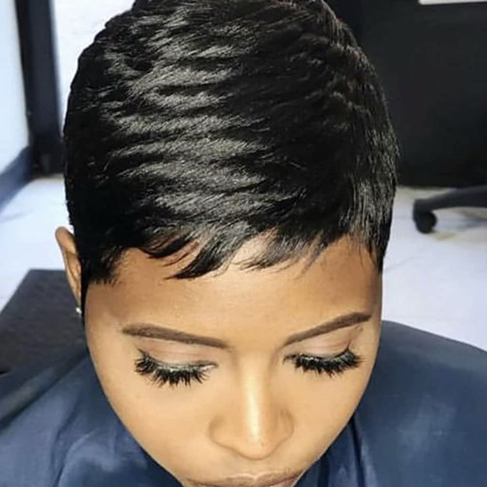 Short Pixie Cut Wigs for Black Women Short Natural Black Curly Wig With Bangs Synthetic Hair Pixie Wig for Women Pixie Cut Wigs Layered Hair Wig (Natural Black)