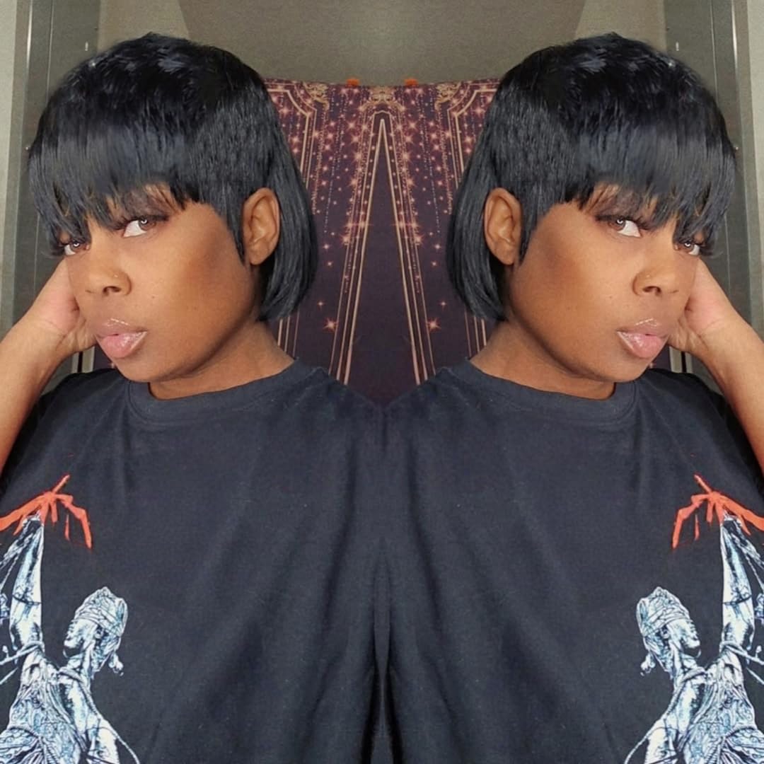 QiaQiaRing Mullet Human Hair Wigs for Black Women Mullet Short Layered Pixie Cut Bob Wigs With Bangs 8inch Natural Black Color Chic Elegent Glueless Brazilian Virgin Straight Human Hair