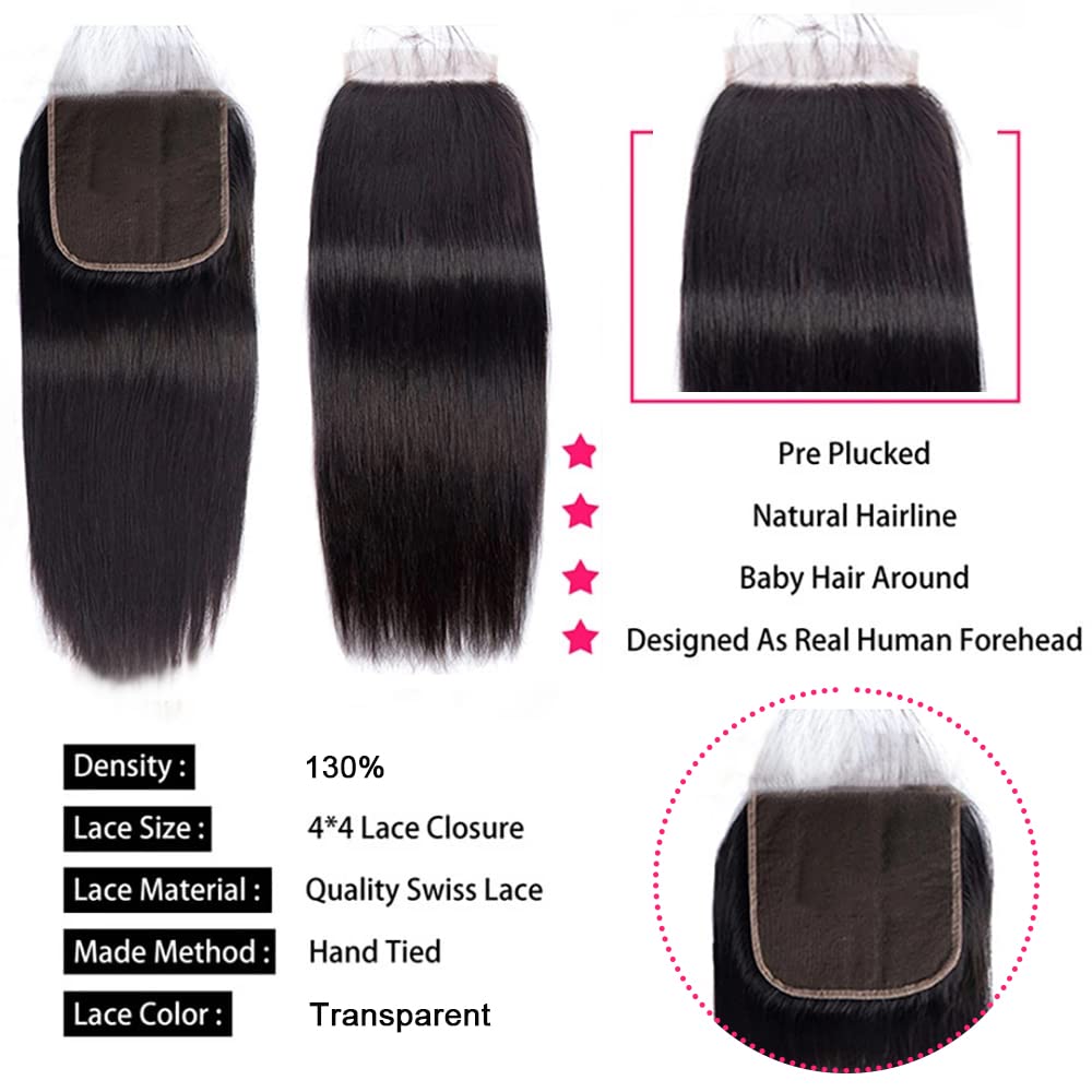 cuckoo 4X4 HD Lace Closure, HD Lace Frontal Closure Human Hair Extensions, Transparent Frontal Closure, Straight 14inch HD Closure, Brazilian Virgin Human Hair Extensions HD Lace Closure 130% Density