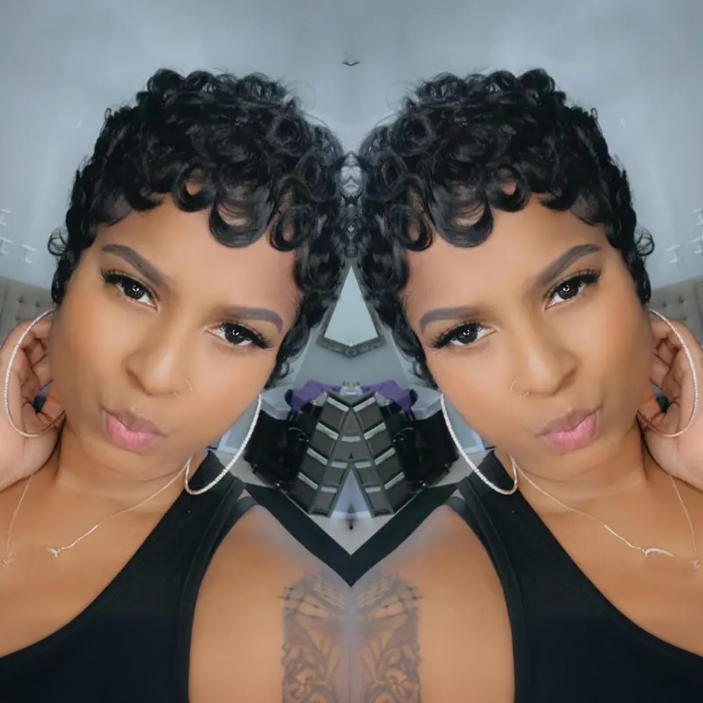QiaQiaRing Pixie Cut Wigs for Black Women Brazilian Virgin Curly Wave Human Hair Glueless Short Layered Pixie Cut Curly Wigs With Bangs Natural Black Color for Daily Use