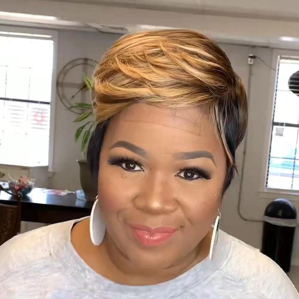 LEOSA Ombre Short Bob Pixie Cut Wig with Bangs for Black Women,Pixie Cut Side Part Wig Black Mixed Brown Highlight Color Wigs with Side Bangs Natural Straight Synthetic Cute Wigs Brown Bob Wig