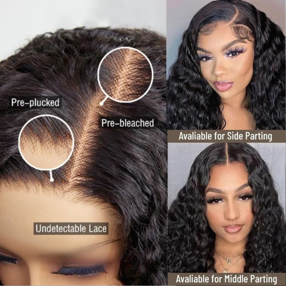 KLAIYI Bye Bye Knots Glueless Wig Pre Cut Water Wave HD Lace Front Wigs Human Hair Pre Bleached Pre Plucked Ready to Go Wigs for Women 30S Easy to Wear Put On and Go Curly Wig Beginner Friendly 26inch