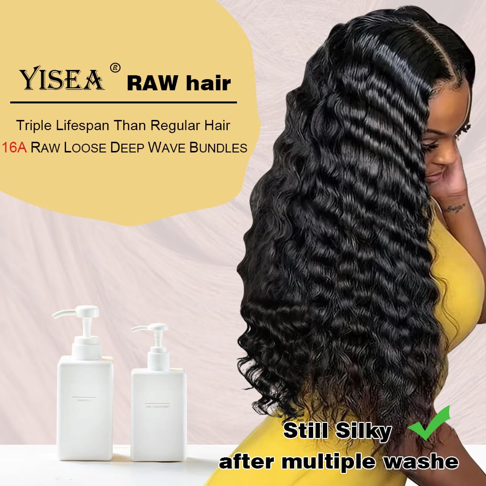 YISEA 16A Loose Deep Wave Bundles Human Hair (24 22 20 inches) Virgin Human Hair Bundles 100% Unprocessed Loose Deep Wavy 3 Bundles Thick Brazilian Remy Hair for Women Natural Color