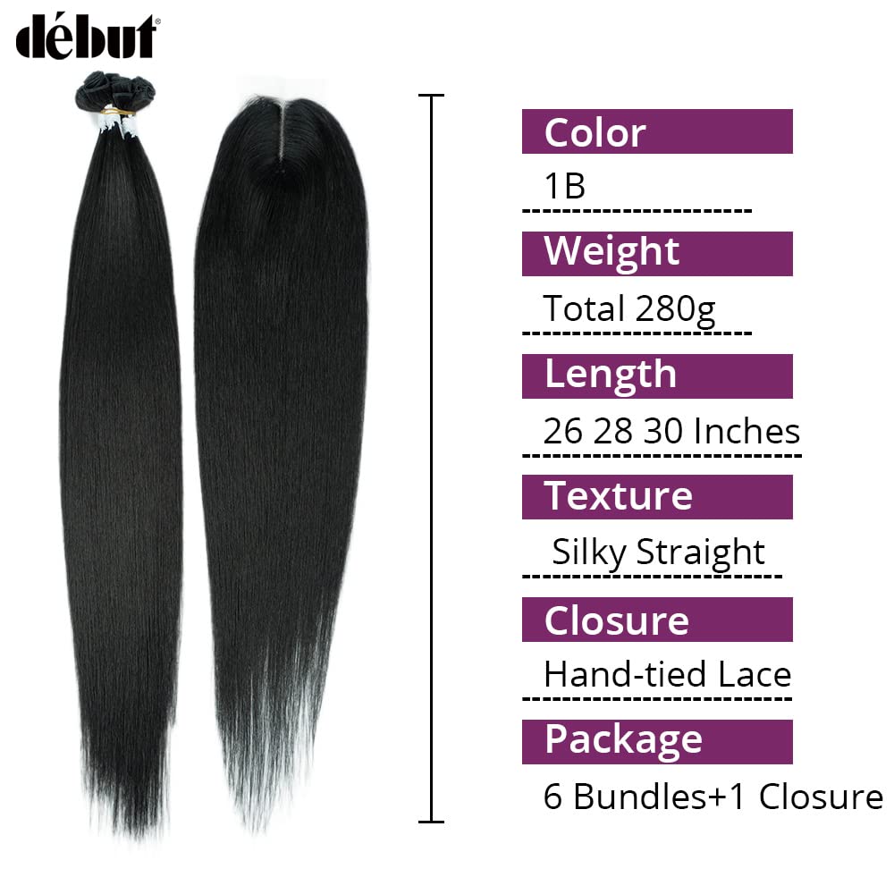 DÉBUT 26 28 30 Inches Silky Straight 6 Bundles with Lace Closure Long Straight Synthetic Hair Bundles Weave Hand-Tied Middle Part Lace Closure for Full Head 1B Color