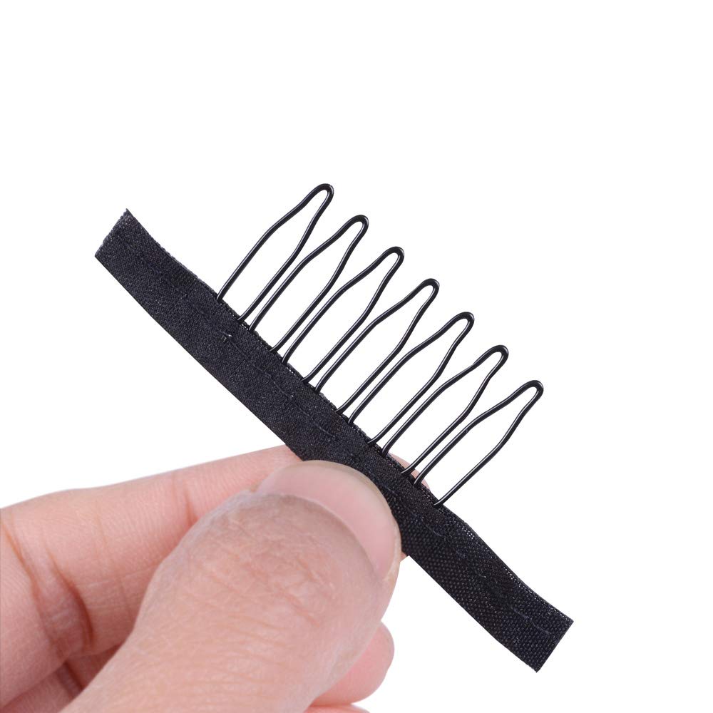 24 pcs/lot Wig Combs for Making Wig Caps 7-teeth Wig Clips Steel Teeth with Cloth Wig Combs for Hairpiece Caps Wig Accessories Tools Wig Clips for Wig (Black)