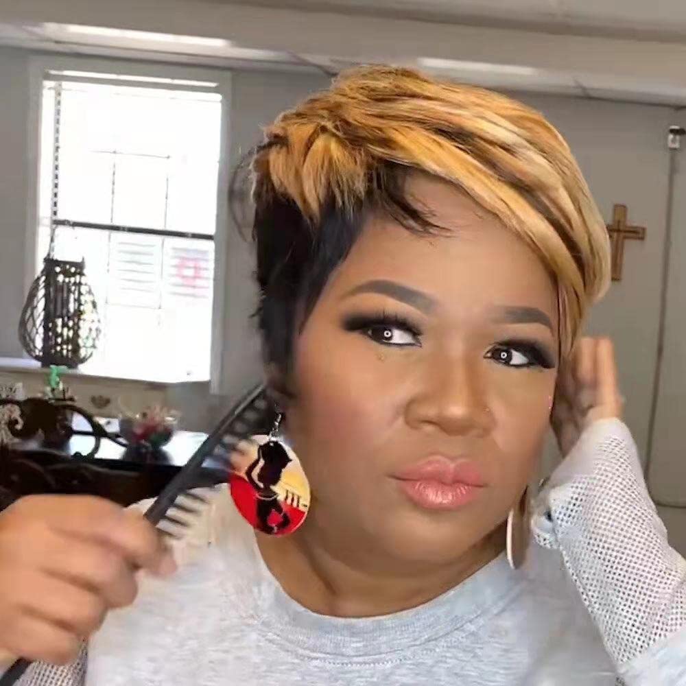 LEOSA Ombre Short Bob Pixie Cut Wig with Bangs for Black Women,Pixie Cut Side Part Wig Black Mixed Brown Highlight Color Wigs with Side Bangs Natural Straight Synthetic Cute Wigs Brown Bob Wig