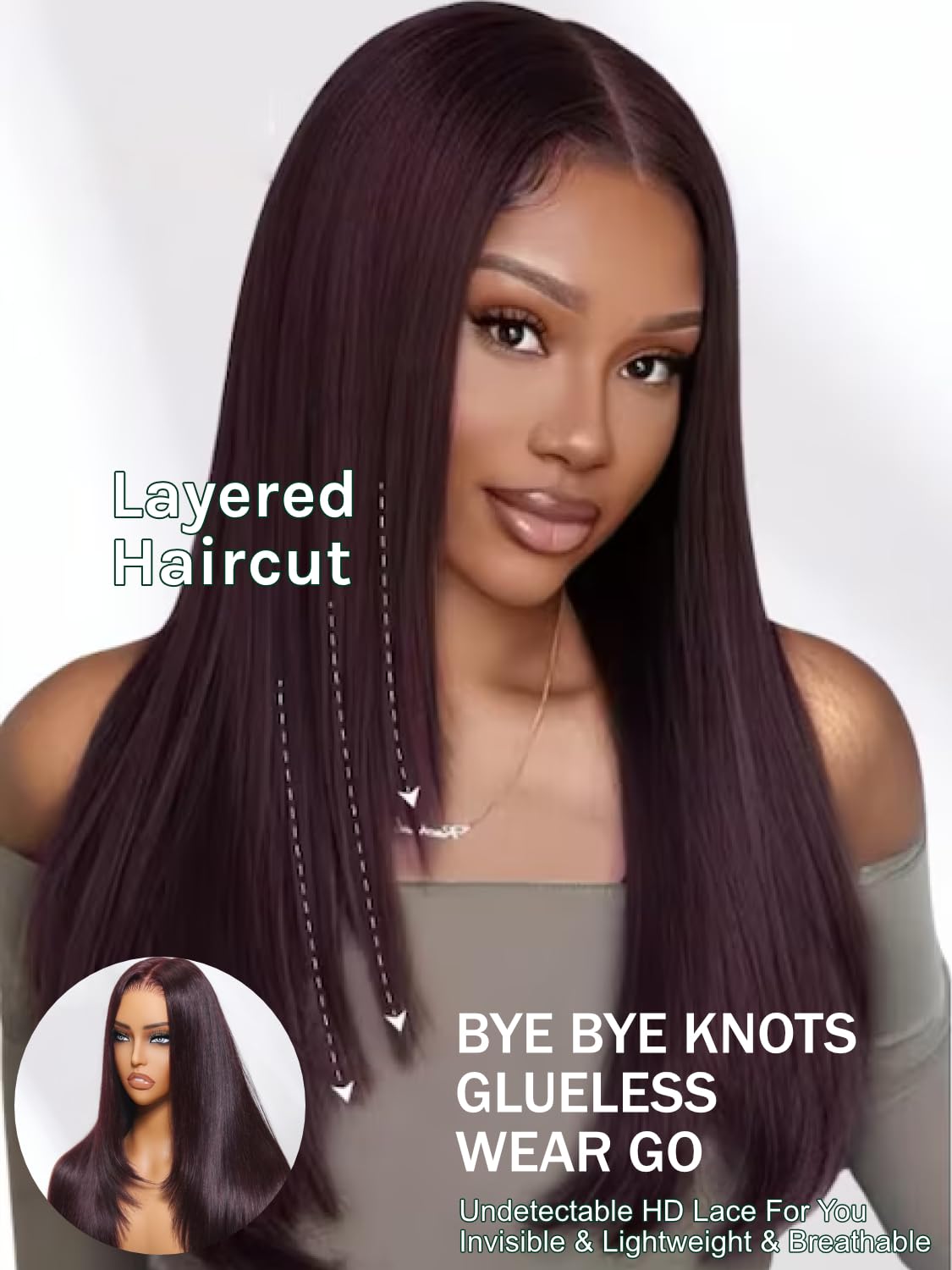 KLAIYI Black Cherry Layered Straight 13x4 Precut Lace Front Wigs Human Hair Bye Bye Knots Glueless Ready to Wear and Go Wig Drawstring Pre Plucked Bleached Dark Burgundy Wine Red Pre Everything 26Inch