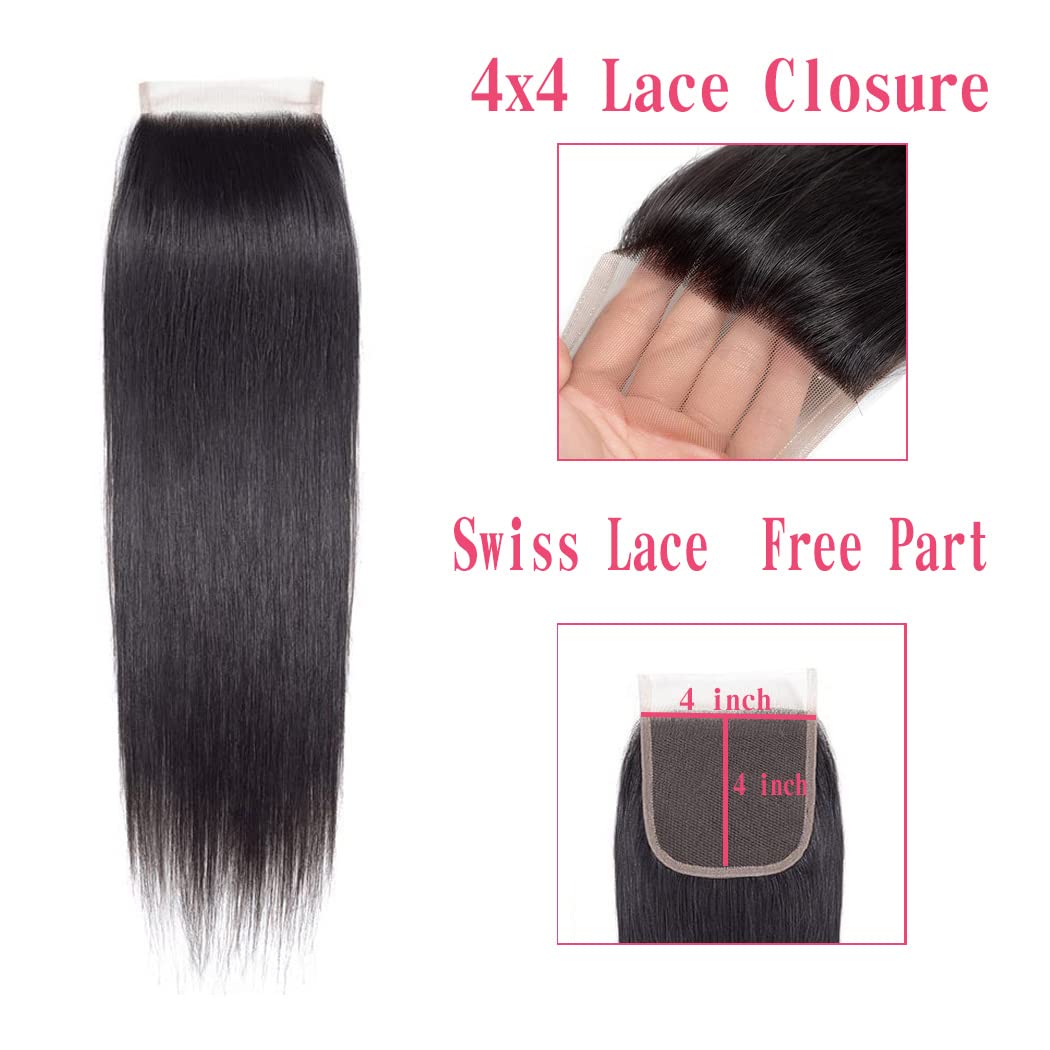 Lace Closure Straight Closure Human Hair Lace Closure Brazilian 12A Unprocessed Straight Hair 4x4 HD Lace Closure Free Part Natural Black Color(8") … …