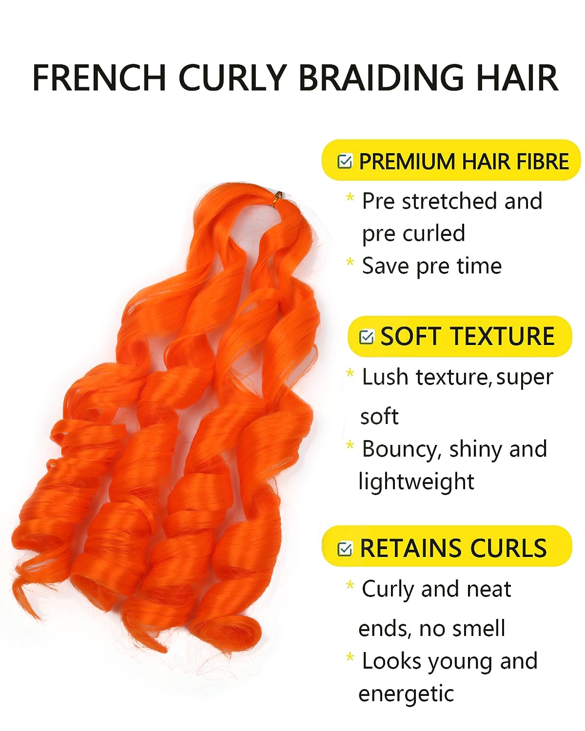 20 Inch French Curl Braiding Hair 2 Packs French Curls Braiding Hair Curly Braiding Hair French Curl Box Braids with Curly Ends French Braid in Hair Extensions (20 Inch,Orange,2PC)