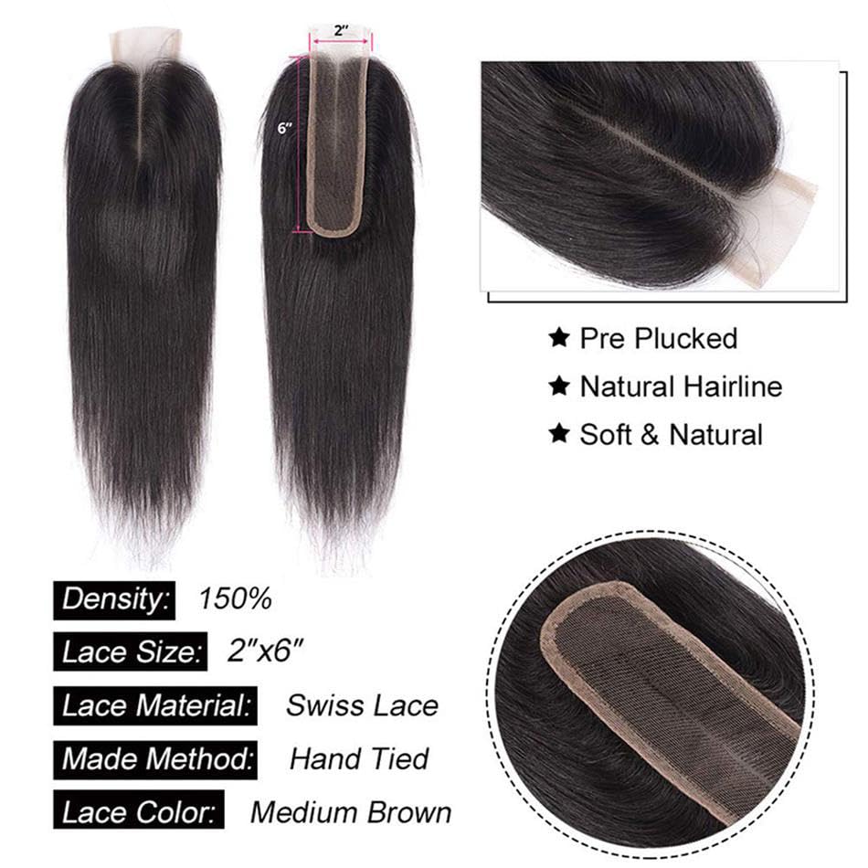 2x6 HD Lace Closure Straight Lace Closure Pre Plucked Single Knot Kim K Long Deep Parting 0.10mm Ultra-thin Invisible Swiss 130% Density Virgin Human Hair Natural Black(18 Inch)