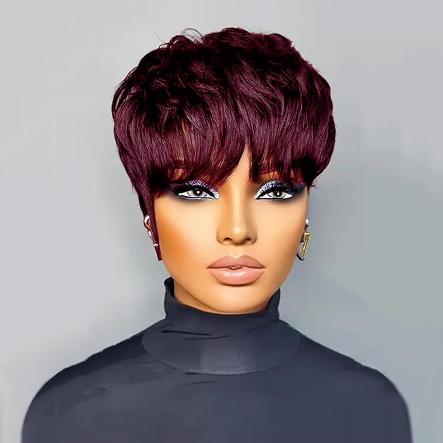 QiaQiaRing 10A Pixie Cut Wigs for Black Women Dark 99J Color Daily Use Color Short Layered Pixie Cut Human Hair Wigs With Bangs Brazilian Virgin Straight Human Hair(dark 99J)