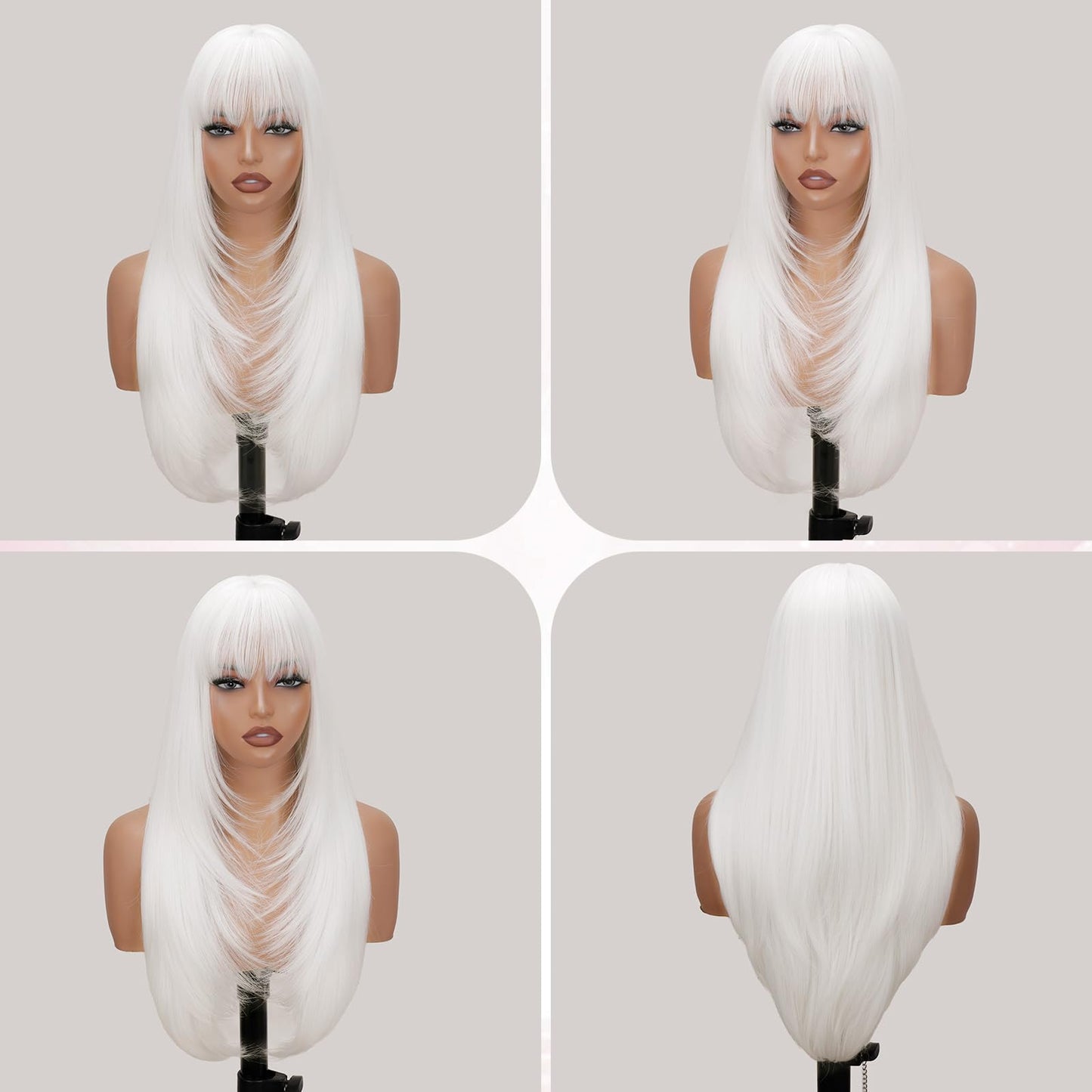 NOVFLKW White Long Straight Layered Wig with Bangs for Women 26 inch Put on Go Realistic Synthetic Fiber Heat Resistant Natural Wig for Girls Party Cosplay and Daily Use