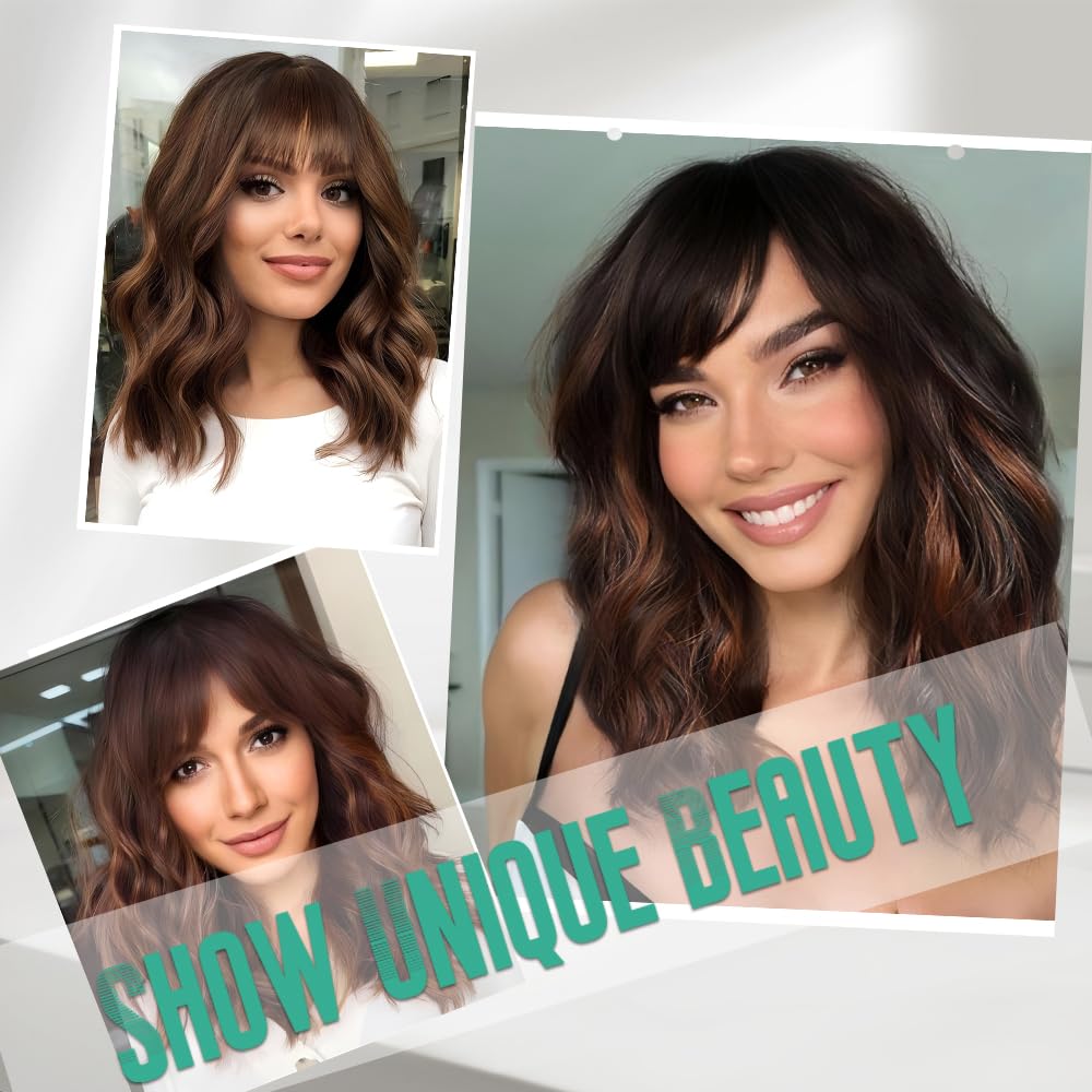 14 Inch Black Mixed Brown Highlights Wigs for Women Short Wavy Curly Wig With Bangs Natural Looking Synthetic Hair Wigs Heat Resistant Fiber Wig for Daily Party (Black Mixed Brown)