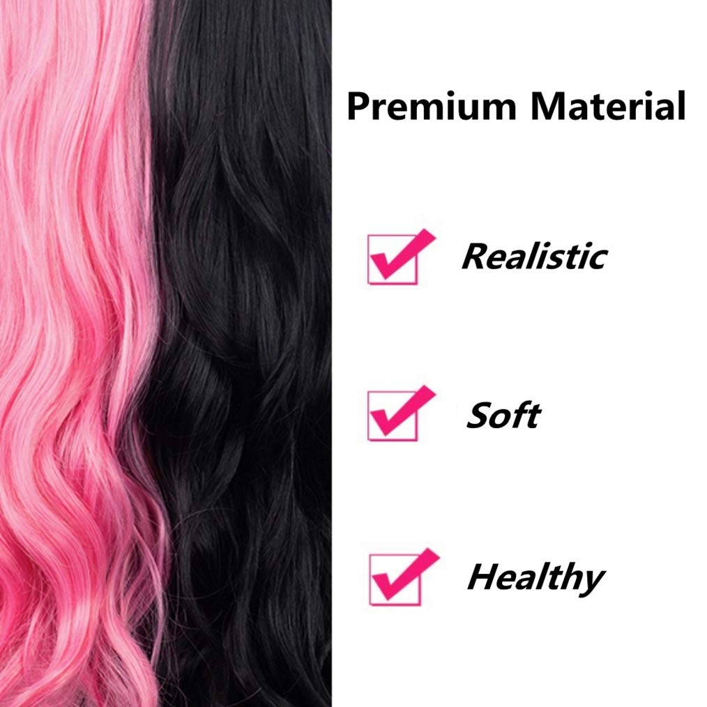 Beweig Half Pink Half Black Wavy Wigs Long Curly Wavy Split Synthetic Wig with Bangs Halloween Cosplay Wigs for Women