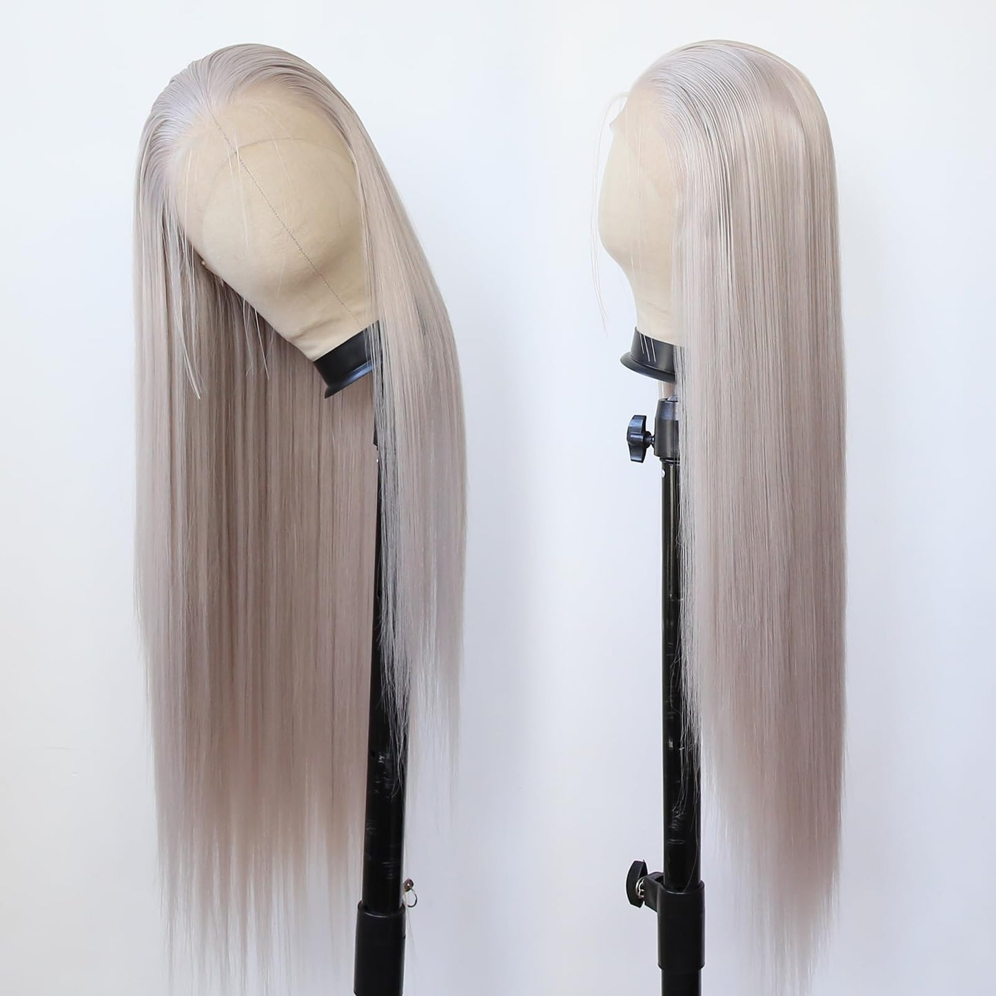 BTWTRY Ash Blonde Synthetic Lace Front Wig Long Straight Grey Lace Front Synthetic Wig Pre Plucked Natural Hairline Glueless Heat Resistant Fiber Hair Wig for Fashion Women (Ash Blonde)