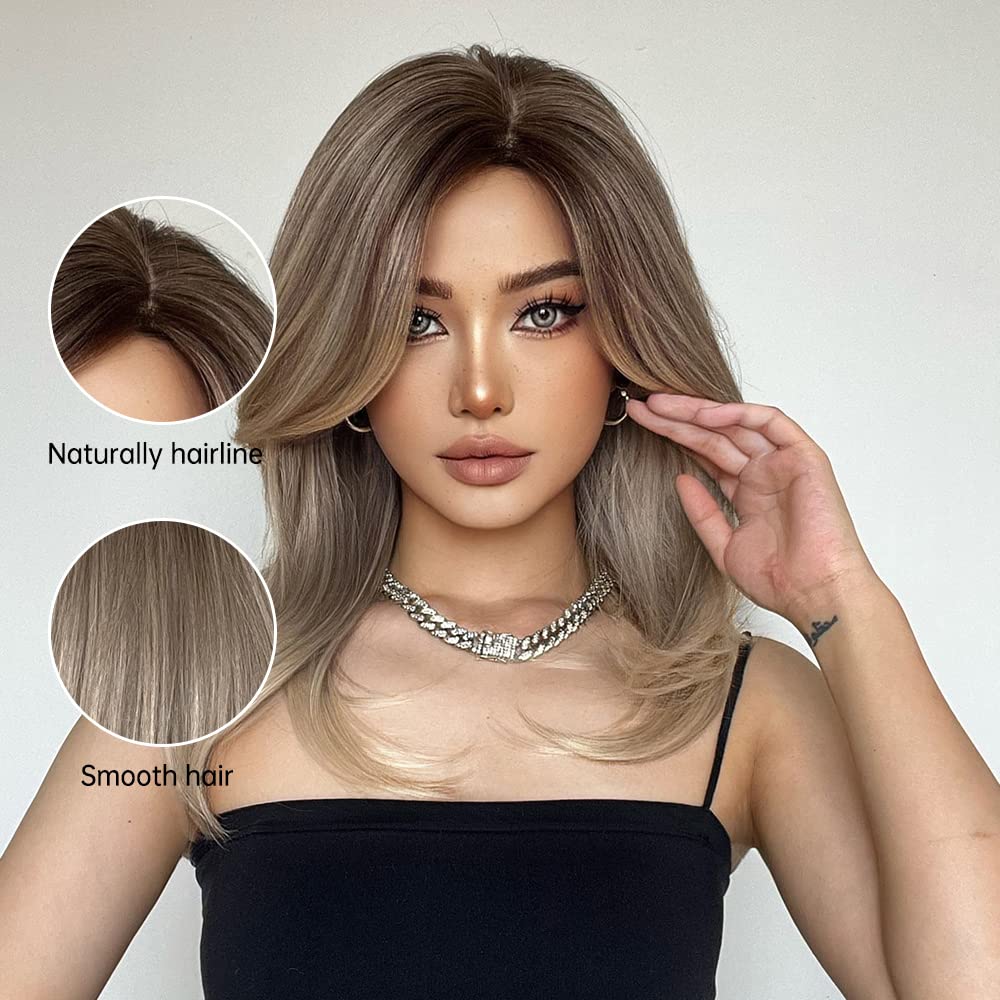Tumhorn Ombre Blonde Wig for Women Long Wavy Middle Part Synthetic Brown Ombre Blonde Wig for Daily Party 20 Inch Natural Wigs