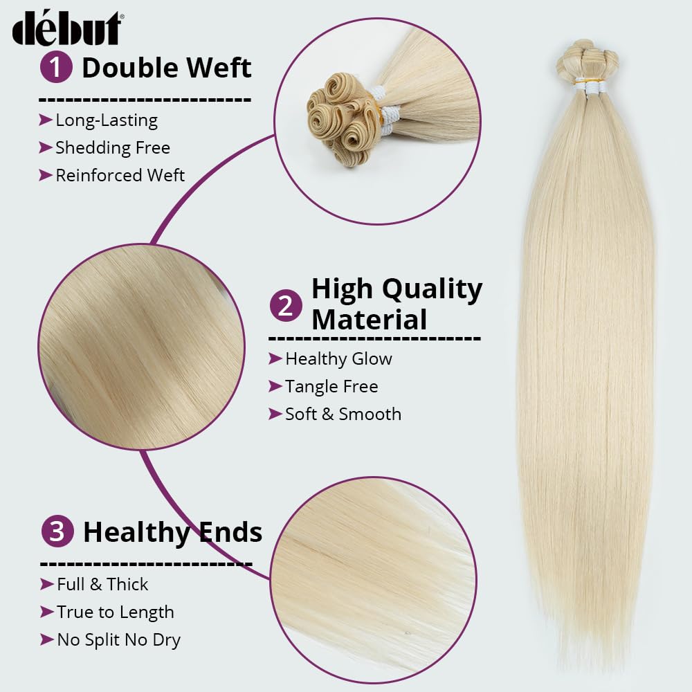 DÉBUT Silky Straight Synthetic Hair 6 Bundles with Lace Front Closure 613 Color Long Straight Hair Bundles Weave with Hand-Tied Middle Parting Lace Closure