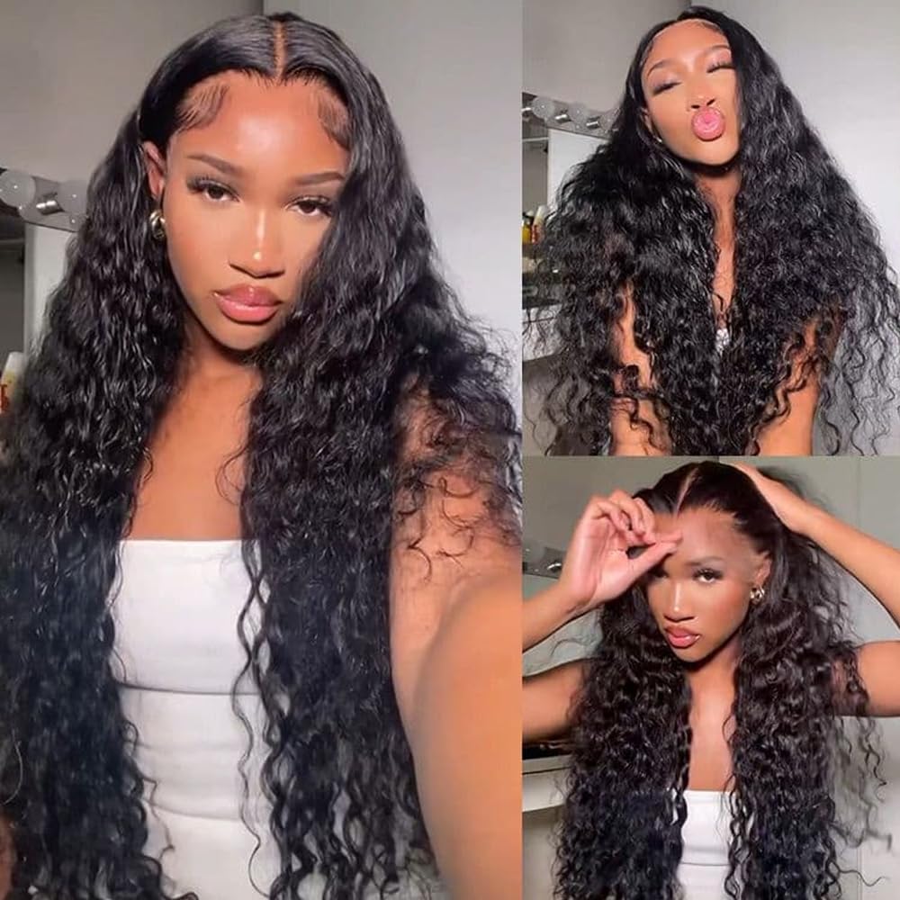 ANDRIA 13x4 Lace Front Wigs 200 Density Deep Wave Wig Black Curly Wig Pre-Plucked Glueless Lace Frontal Wigs Lace Front Wig with Baby Hair Heat Resistant Synthetic Hair Deep Curly Long Wigs 26 Inch