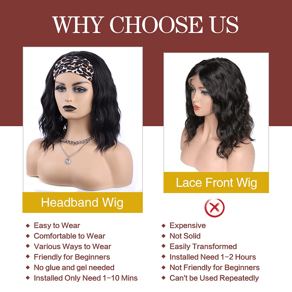 MORICA Headband Wig Short Wavy Wigs for Black Women Black Bob Wig Glueless Synthetic Shoulder Length Wigs 16 Inch Headwrap Wigs with Headband Attached