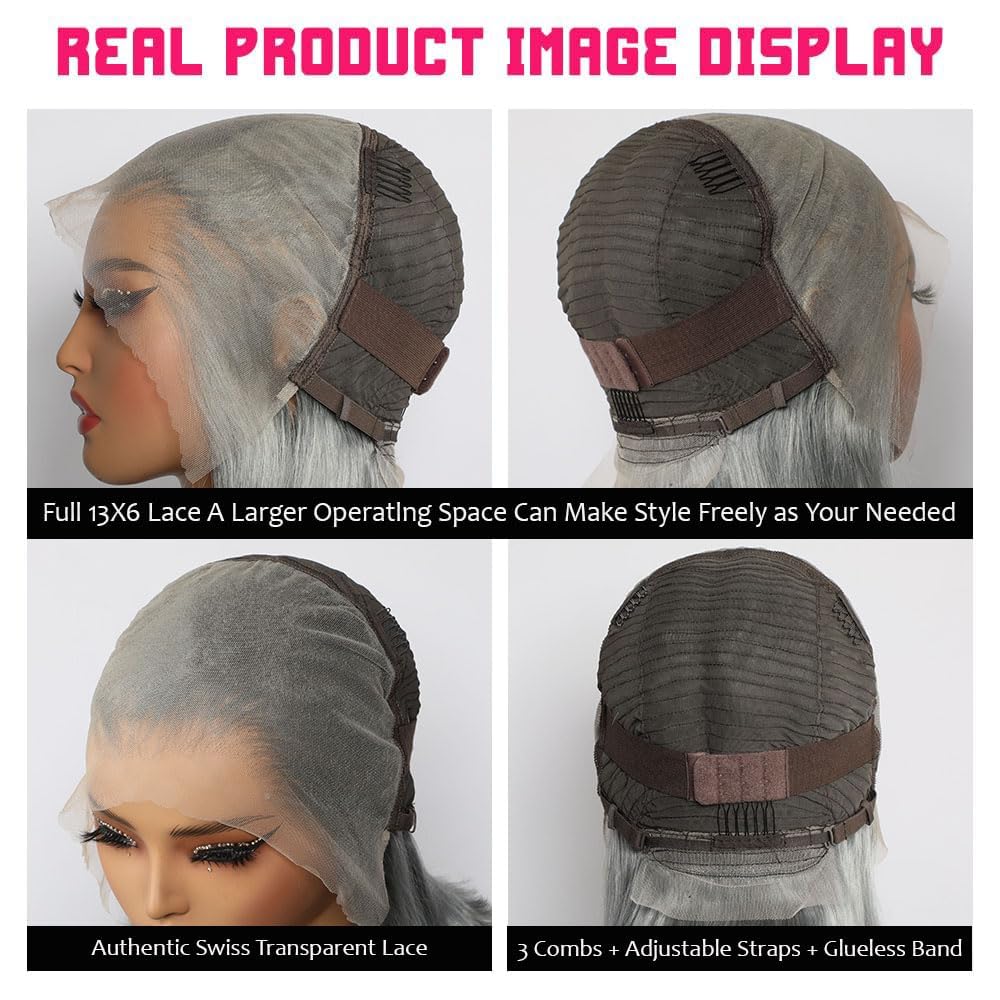 CYSDRH Grey Bob Wig Human Hair Full 13x6 HD Lace Front Wigs 180% Density Short Bob Wigs for Black Women Pre Plucked Pre Cut 12A Unprocessed Brazilian Virgin Human Hair Wigs - 12 Inch Grey Bob Wig