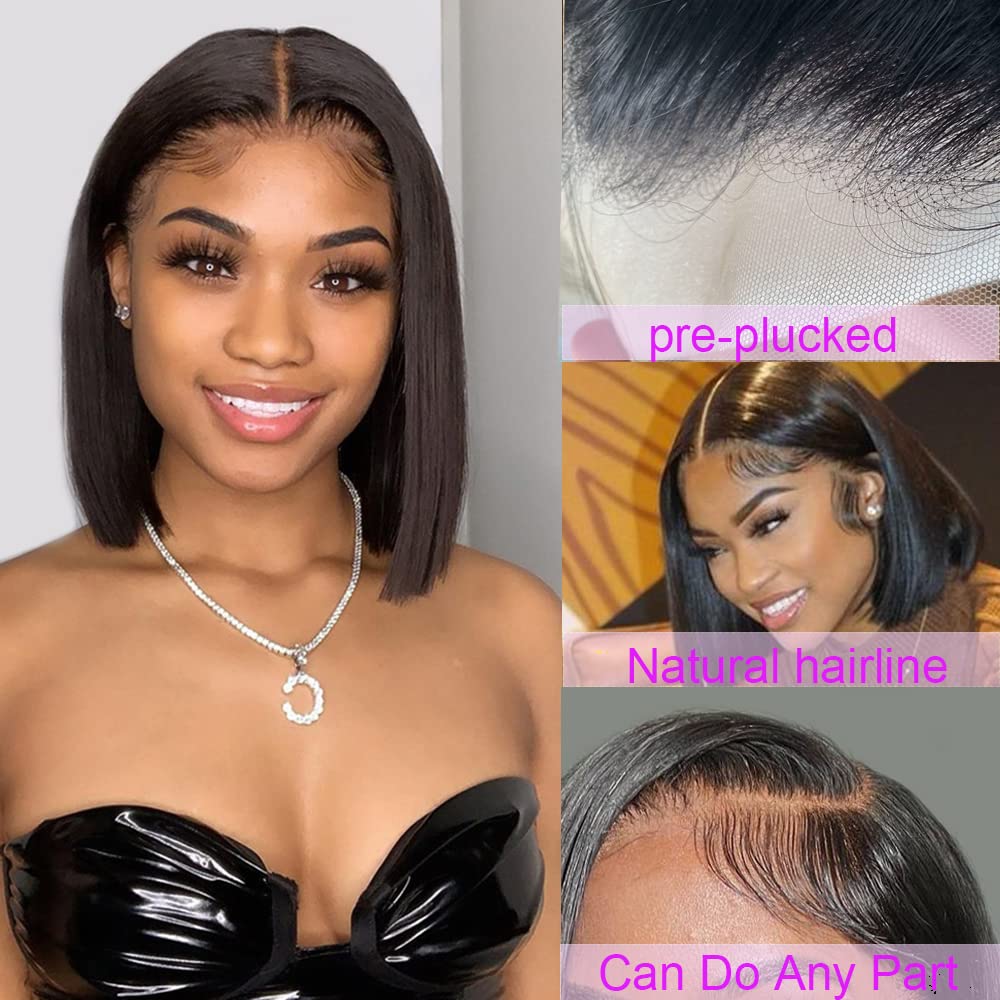 Karlami Bob Wig Human Hair 13X4 Frontal Lace Wig Glueless Wigs Human Hair Pre Plucked Transparent Bob Lace Front Wigs for Women 150 Density (Black, 14 Inch)