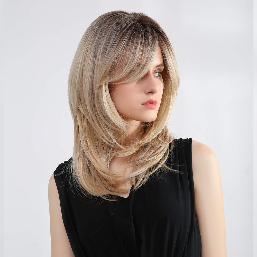 Tumhorn Long Layered Blonde Wigs for Women Synthetic Hair Wig with Bangs Natural Wavy Heat Resistant Wigs for Daily Party Use