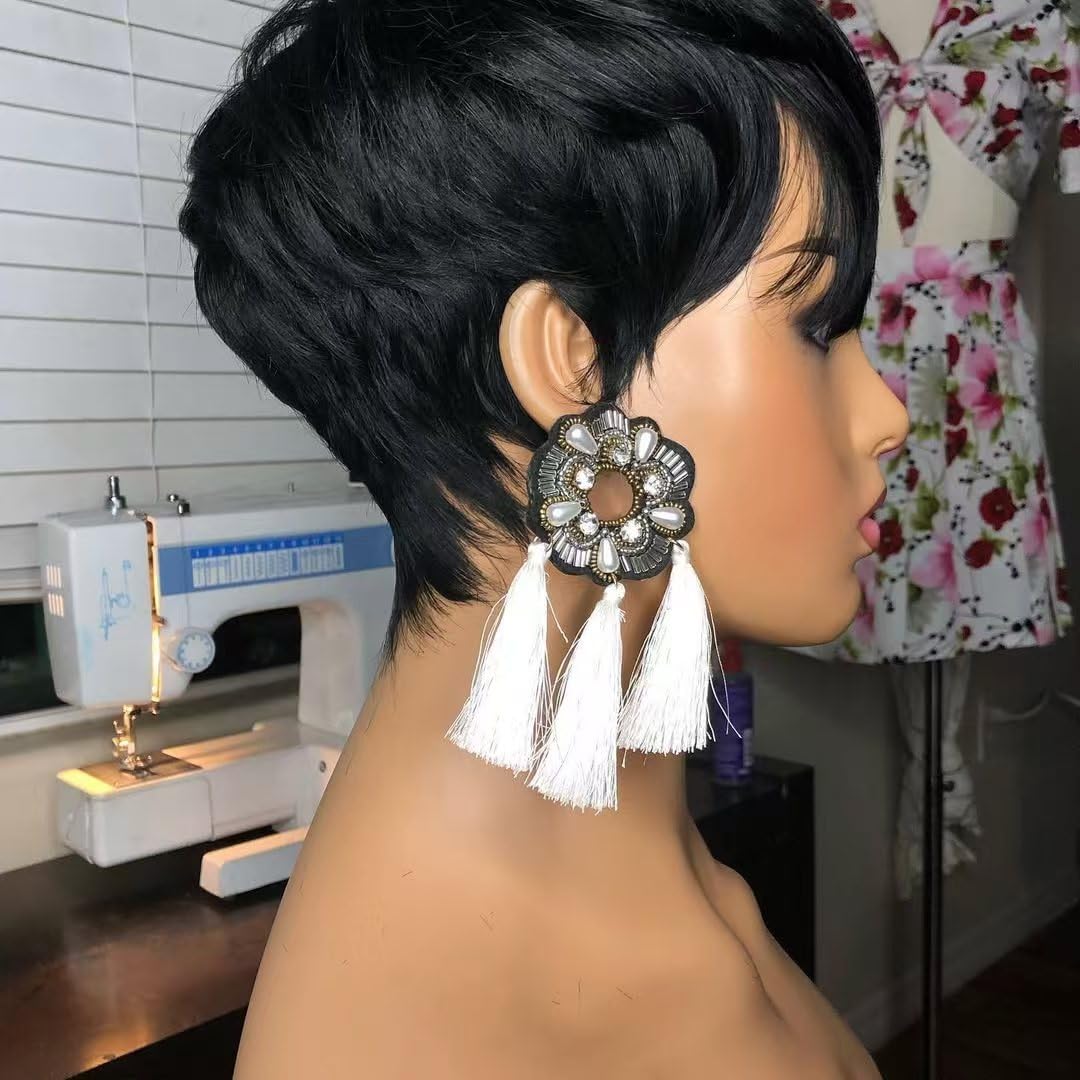 QiaQiaRing Pixie Cut Wigs For Black Women 1b/30 Daily Use Color Brazilian Virgin Remy Human Hair Short Layered Pixie Wigs with Bangs Glueless Wear and go Lightwight for Summer (Black)