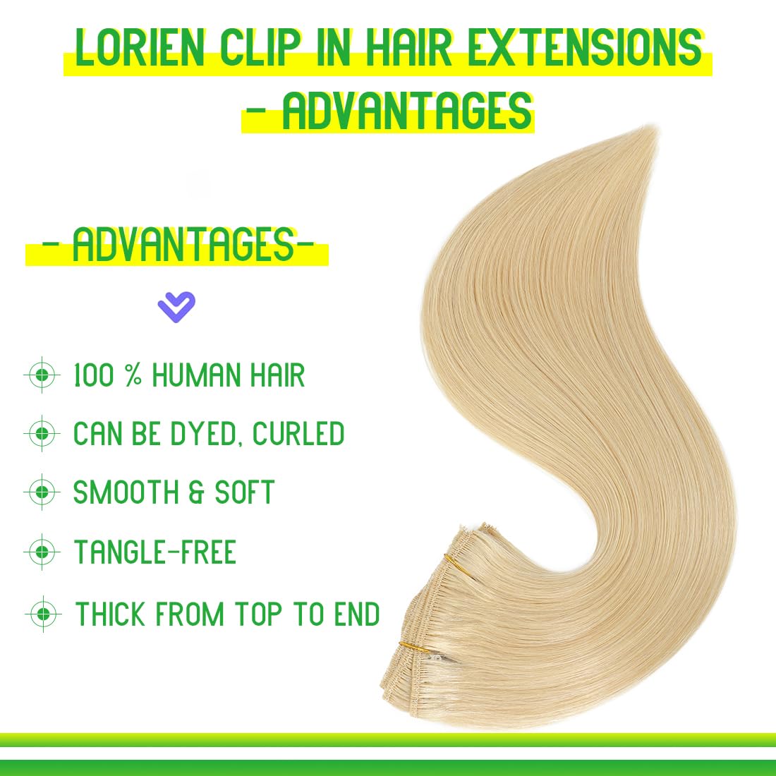 LORIEN Clip in Hair Extensions Real Human Hair, 20 Inch 105g, #60 Platinum Blonde, Clip in 100% Brazilian Remy Human Hair Extensions 8pcs Per Set with 18 Clips Double Weft