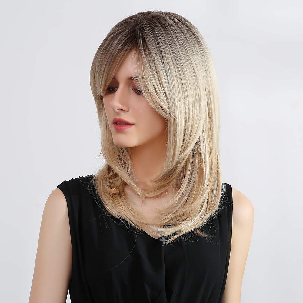 Tumhorn Long Layered Blonde Wigs for Women Synthetic Hair Wig with Bangs Natural Wavy Heat Resistant Wigs for Daily Party Use
