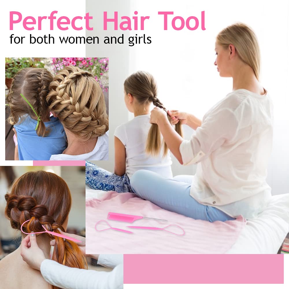 TsMADDTs Hair Styling Tool Set - 3 Pcs French Braid Tool, Rat Tail Comb, and Metal Braiding Pin in Pink