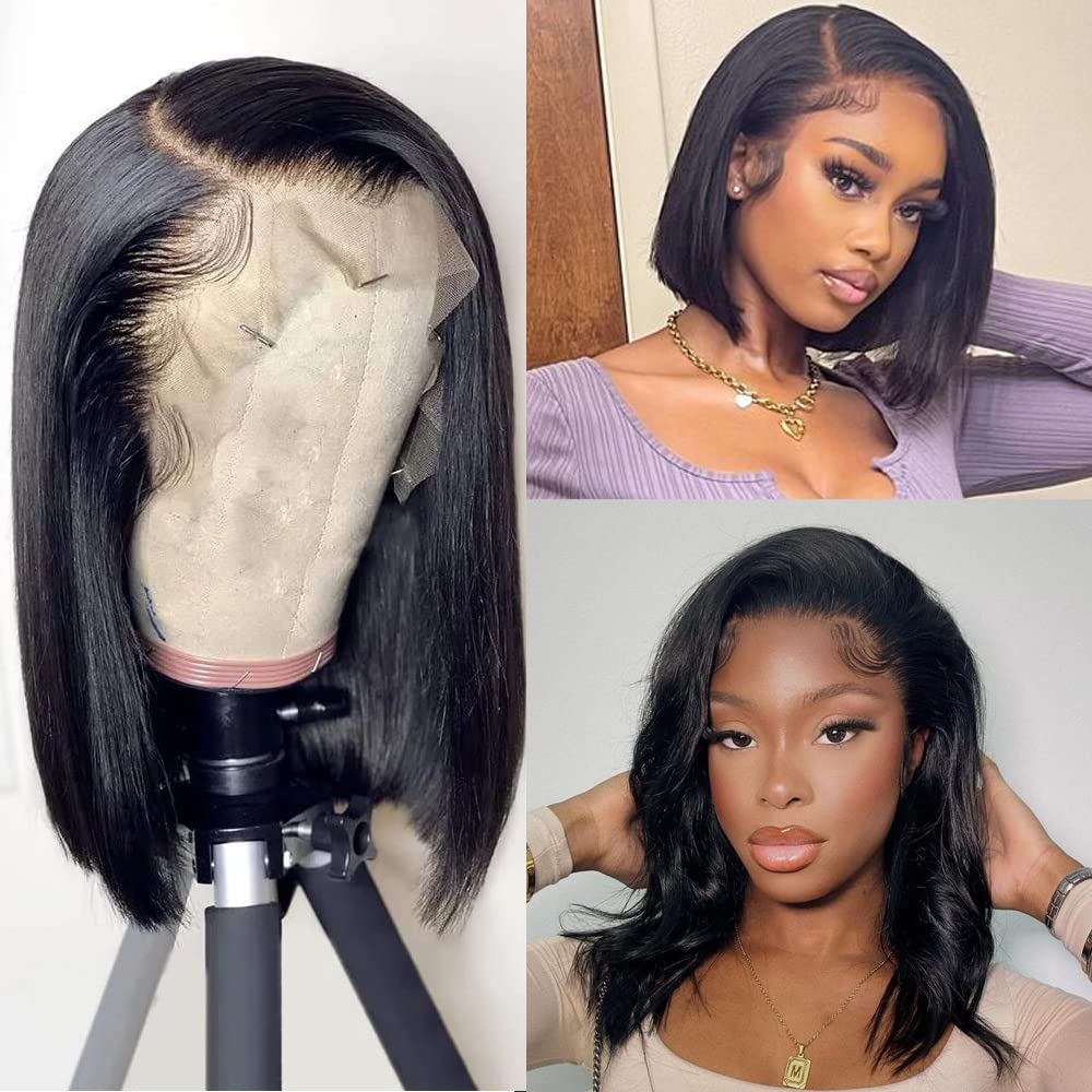 Karlami Bob Wig Human Hair 13X4 Frontal Lace Wig Glueless Wigs Human Hair Pre Plucked Transparent Bob Lace Front Wigs for Women 150 Density (Black, 14 Inch)
