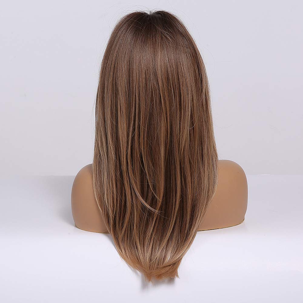 Tumhorn Long Ombre Brown Wigs with Bangs for Women Synthetic Hair Wig Natural Looking Heat Resistant Wavy Wigs