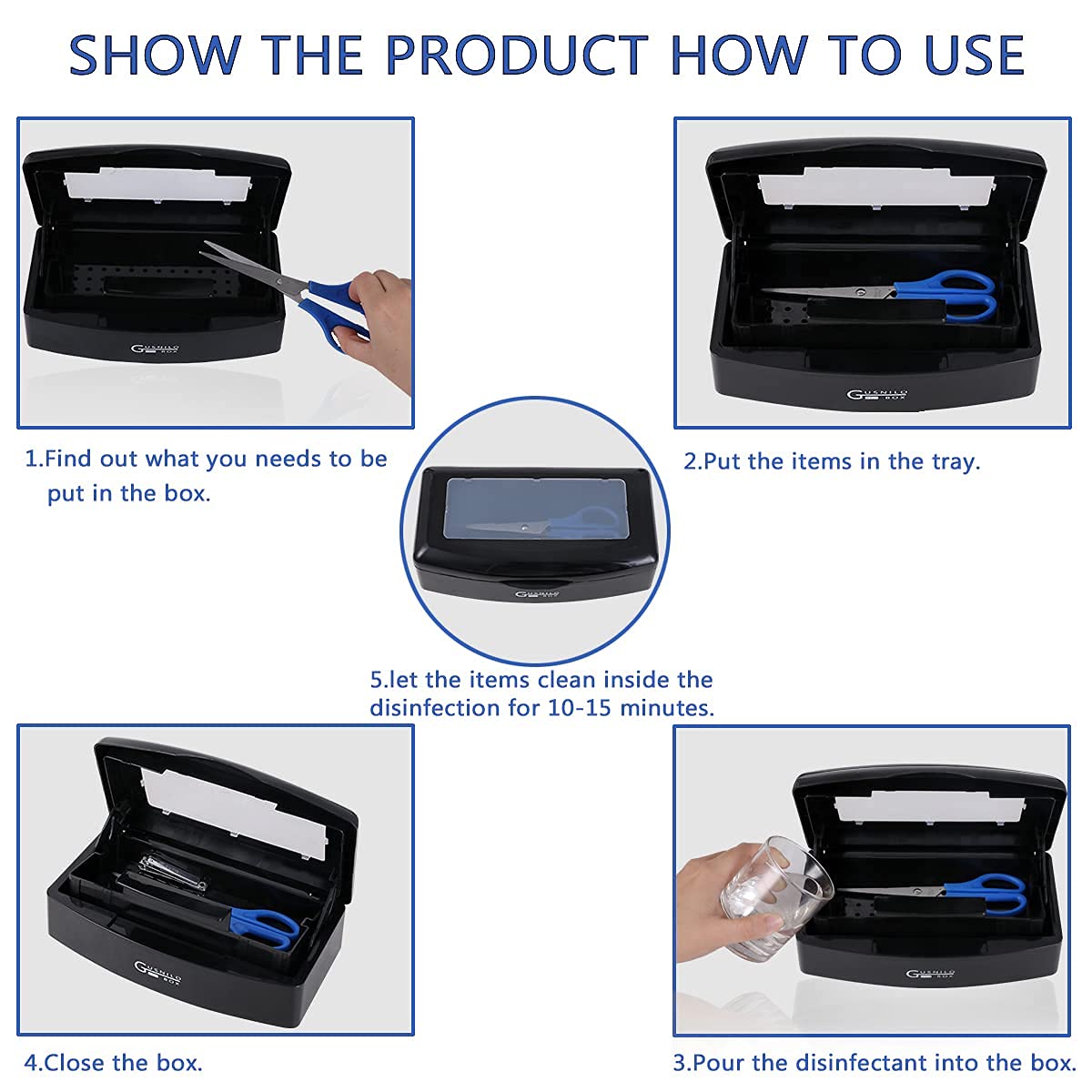 Gusnilo Nail Tool Sterilizer Box Plastic Disinfectant Container Barbicide Disinfectant Tray for Nail Tools, Tweezers, Hair Salon, Spa and Trimmer Manicure Equipment (Clear Lid, black)