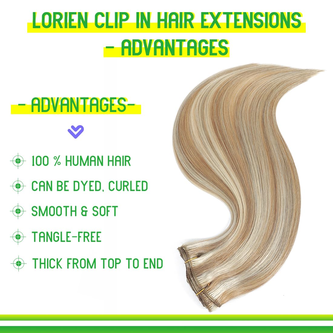 LORIEN Clip in Hair Extensions Real Human Hair, Remy Human Hair Extensions Clip ins for Women, 100% Natural Human Hair, Double Weftm, 22inch 110g 8Pcs, #16/22 Light Blonde to Golden Blonde