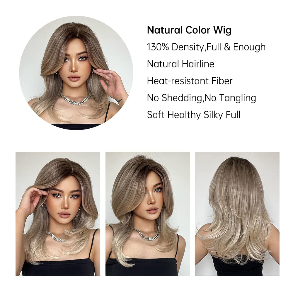 Tumhorn Ombre Blonde Wig for Women Long Wavy Middle Part Synthetic Brown Ombre Blonde Wig for Daily Party 20 Inch Natural Wigs