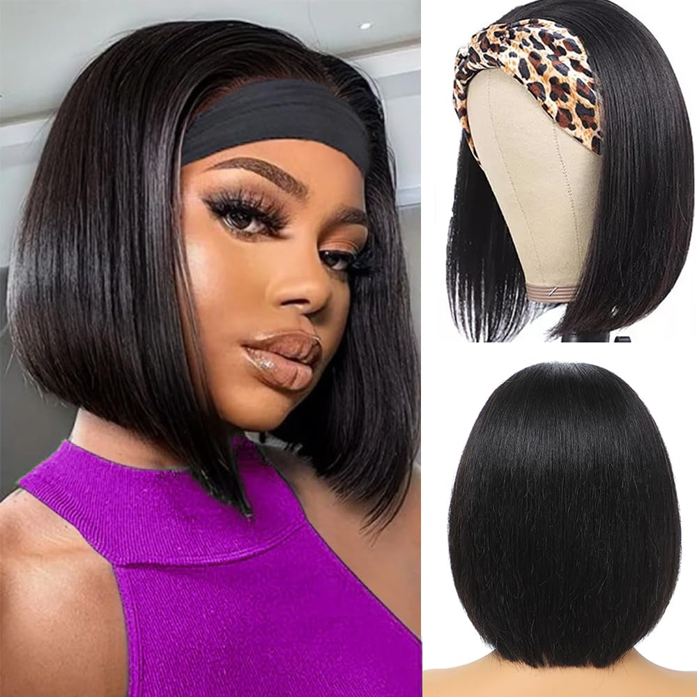 XC CLOUDS Headband Wigs Human Hair 8 Inch Bob Headband Wigs For Black Women Wear And Go Short Bob Wigs Glueless Wigs Human Hair Natural Black Headband Wig Human Hair Straight 150% Density
