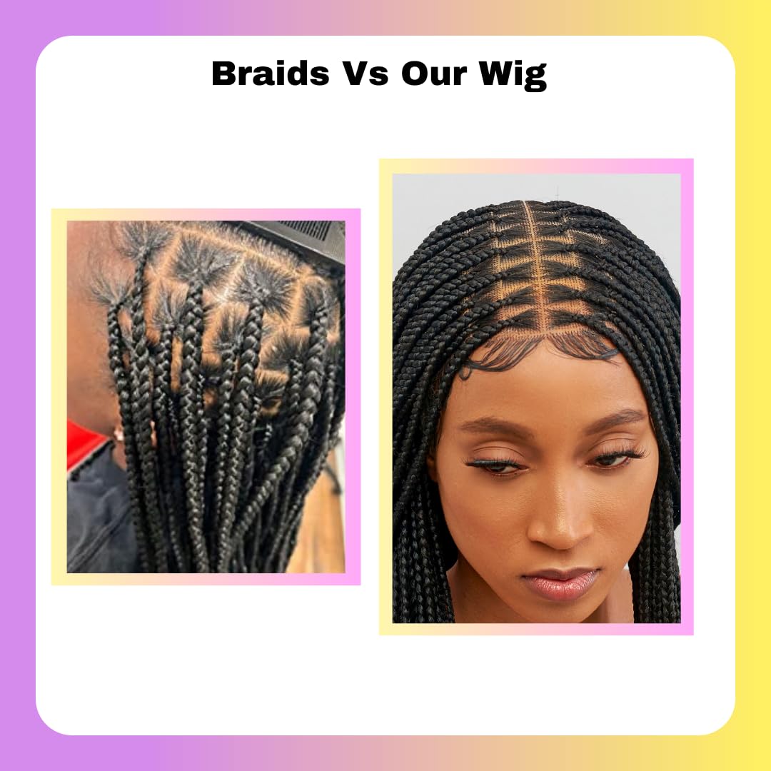 Wow Braids Box Braid Wig - Knotless Braided Wigs for Black women, with 360 glueless Full Swiss Lace Cap, & Human Baby Hair Frontal, Synthetic Long Neat African Handmade Braiding - 36 inch/Black
