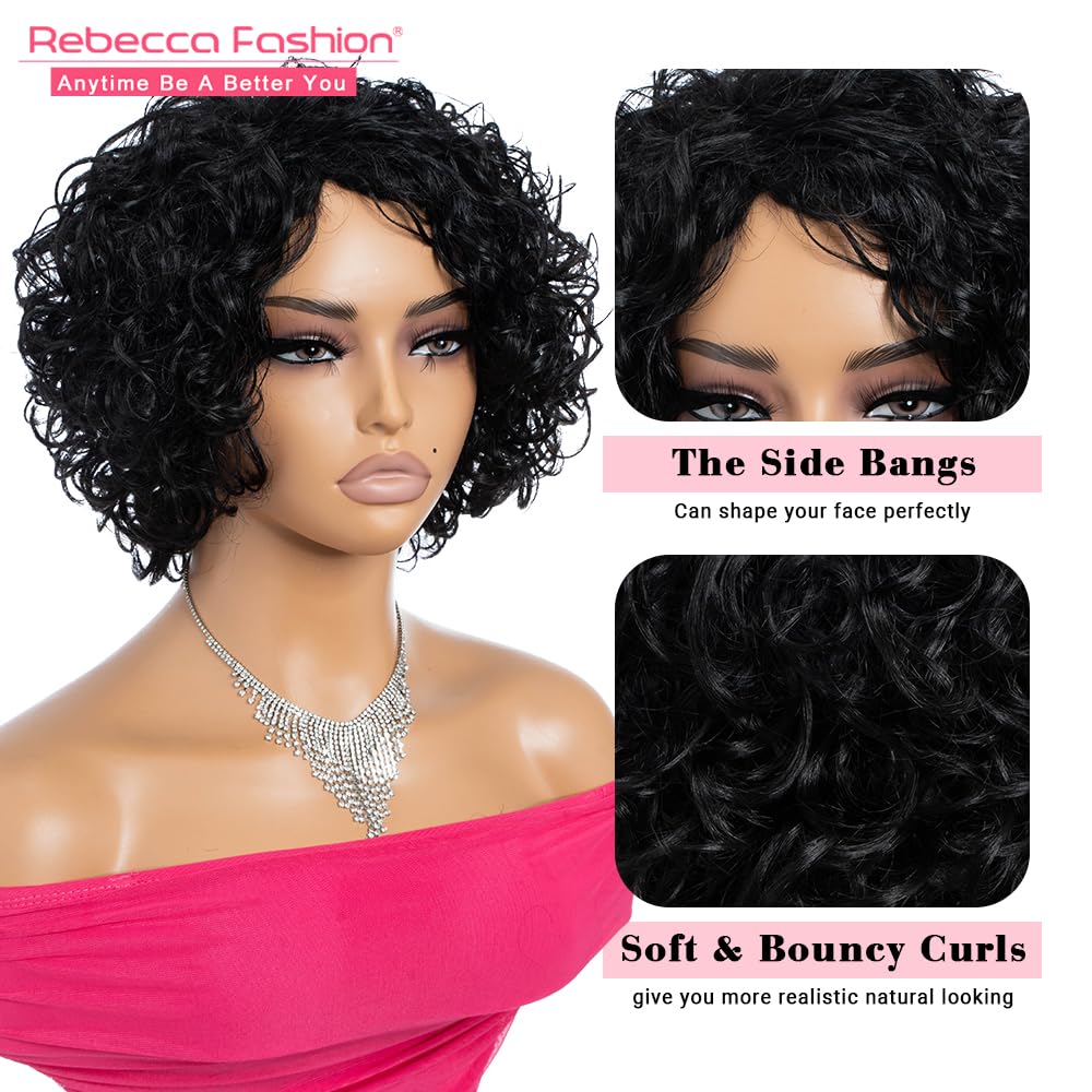 Rebecca Fashion Short Curly Human Hair Wigs for Black Women Cute Curly Bob Wig Side Part Non Lace Glueless Wigs Brazilian Remy Natural Looking Natural Color