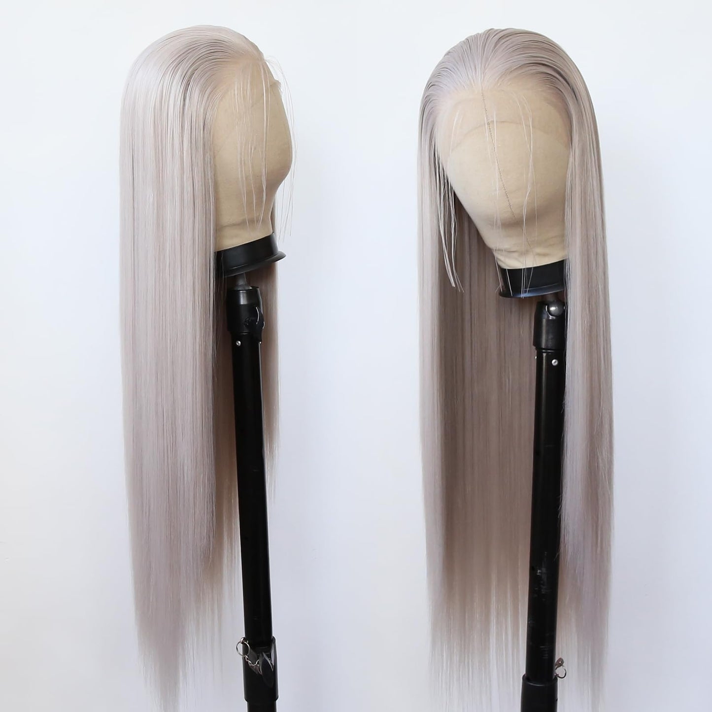 BTWTRY Ash Blonde Synthetic Lace Front Wig Long Straight Grey Lace Front Synthetic Wig Pre Plucked Natural Hairline Glueless Heat Resistant Fiber Hair Wig for Fashion Women (Ash Blonde)