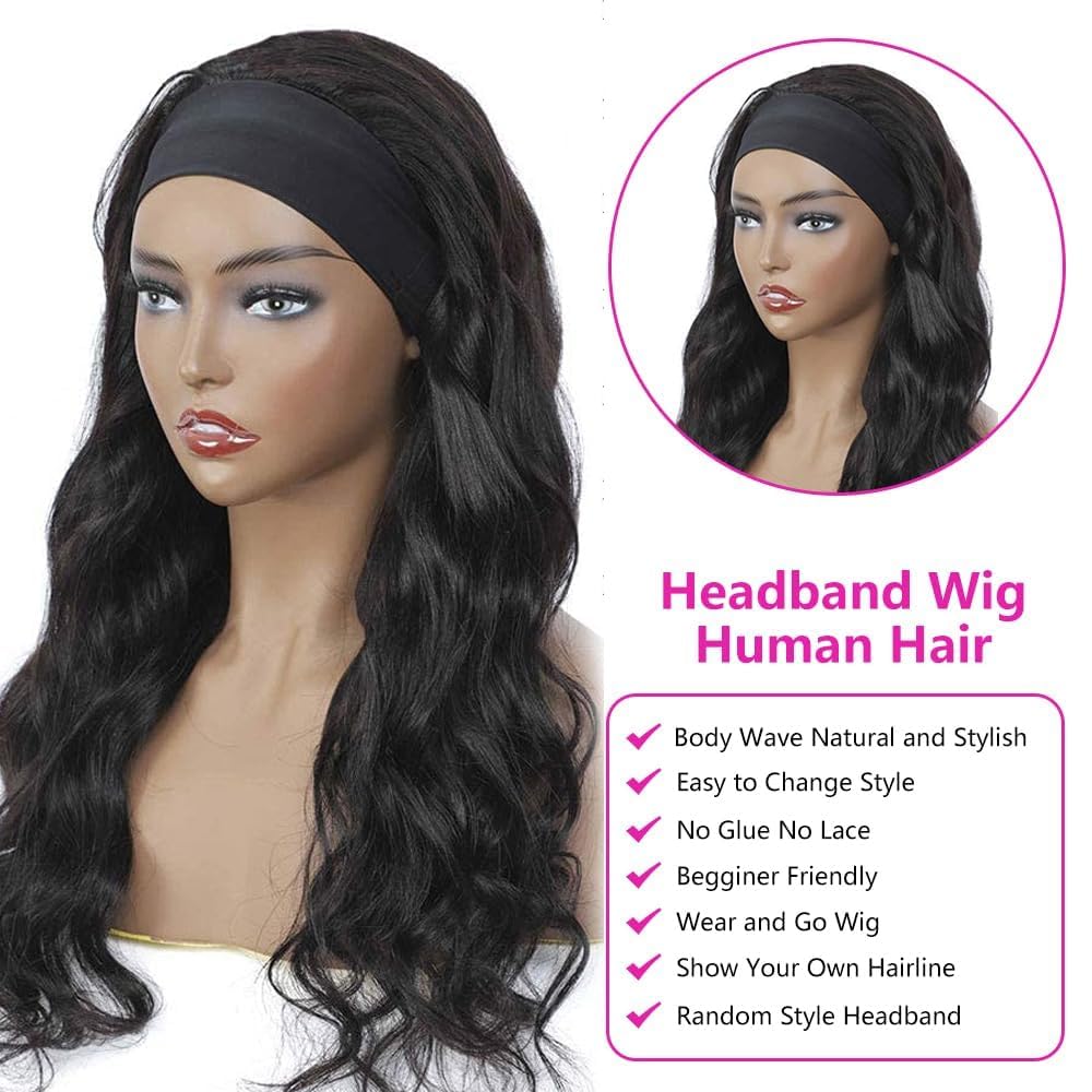 Headband Wig Human Hair Body Wave Headband Wigs for Black Women 20 Inch None Lace Front Wig Human Hair Wear and Go Glueless Wigs Machine Made Brazilian Virgin Human Hair Headband Wig Natural Color