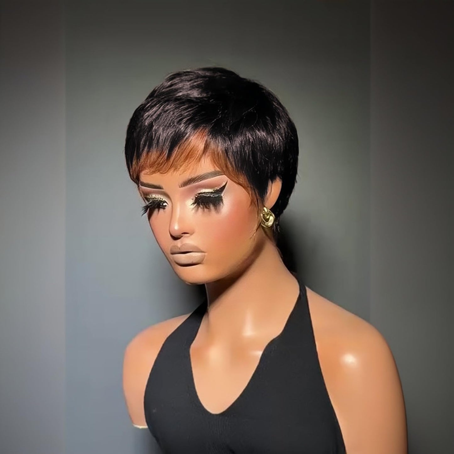 SAEIALL Short Pixie Cut Wig Human Hair for Black Women Black with Brown Layered Short Wig Brazilian Real Human Hair None Lace Frontal Glueless Wigs Easy to Wear Quick Get Up and Go Wigs