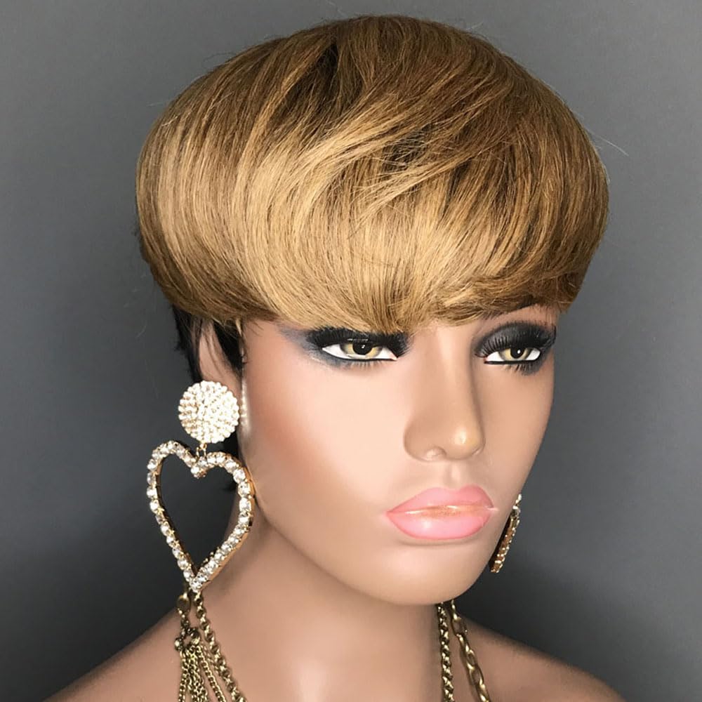 HOTKIS Pixie Cut Wig Human Hair Short Human Hair Wigs for Black Women Blonde 1b/27 Short Wigs Human Hair Short Natural Hair Wigs Pixie Wig with Bang Ombra 27