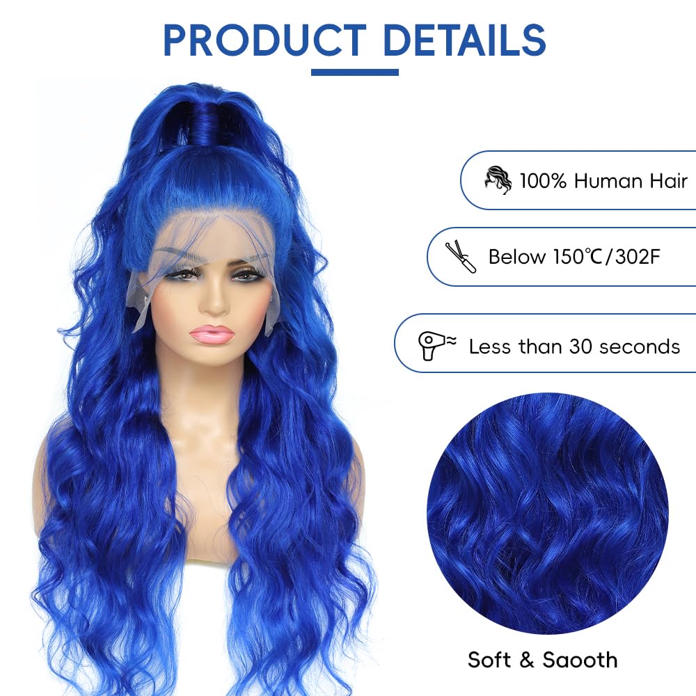 Blue Lace Front Wig Human Hair Pre Plucked 13x4 Blue Wig Human Hair Body Wave Lace Front Wigs Human Hair 200 Density Lace Frontal Wig Glueless Dark Blue Wig 28 Inch